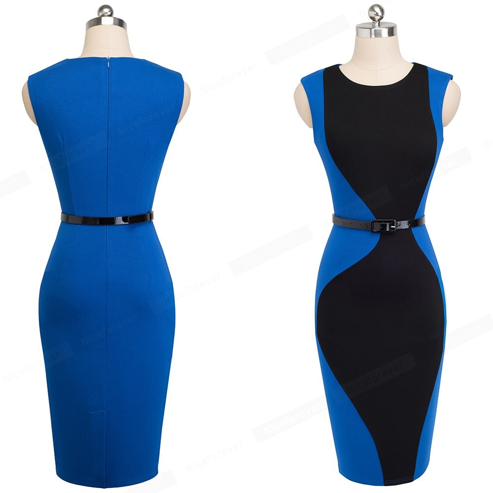 Patchwork Round Neck Sleeveless Work vestidos Business Sheath Bodycon Women Office Dress