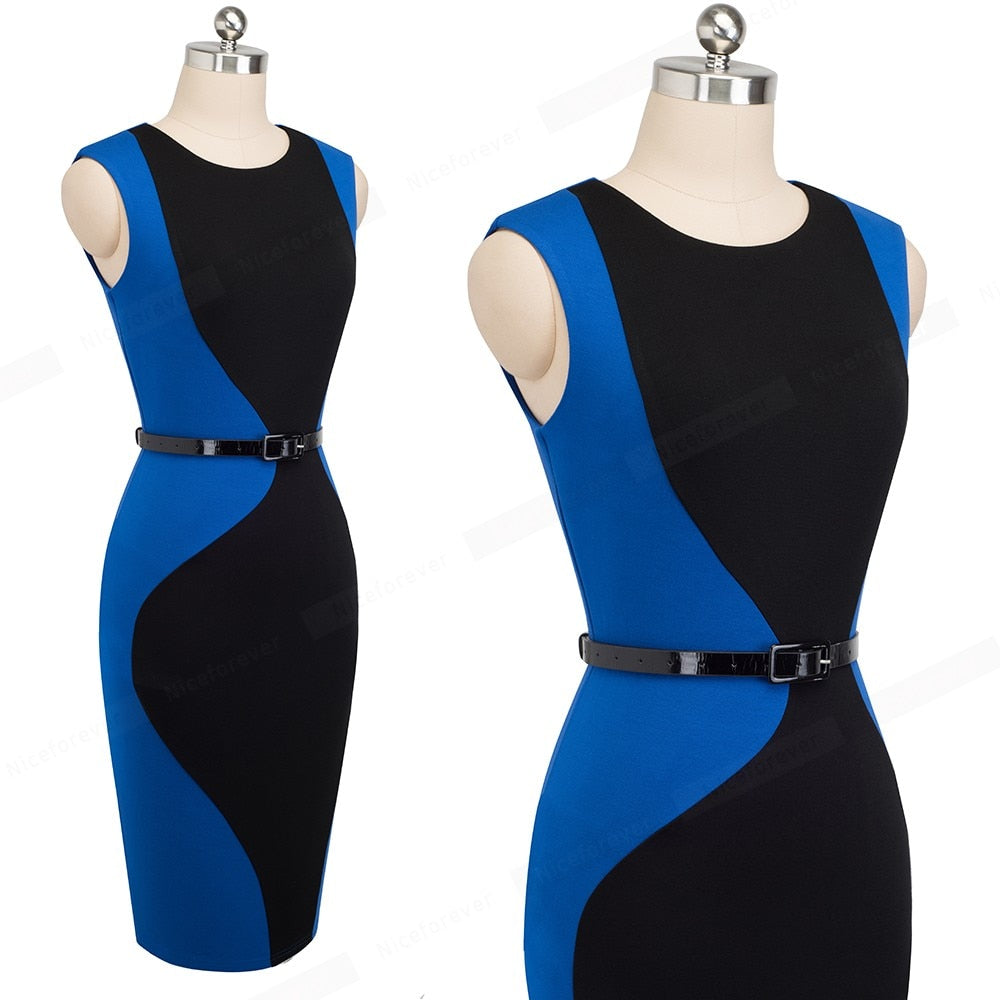 Patchwork Round Neck Sleeveless Work vestidos Business Sheath Bodycon Women Office Dress