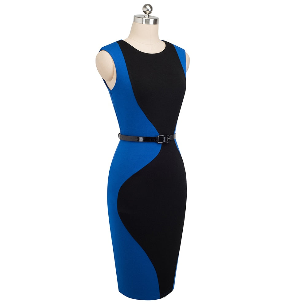 Patchwork Round Neck Sleeveless Work vestidos Business Sheath Bodycon Women Office Dress