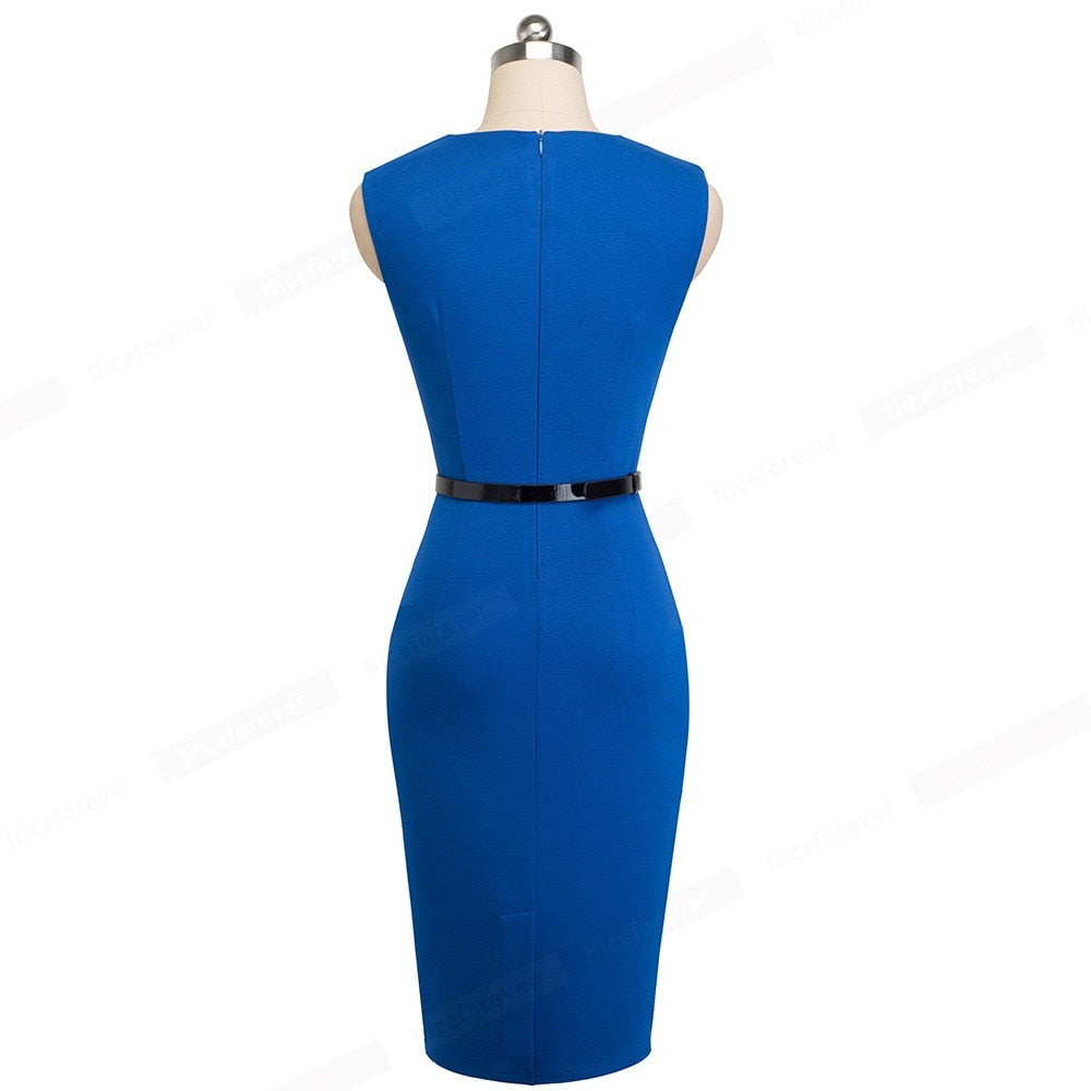 Patchwork Round Neck Sleeveless Work vestidos Business Sheath Bodycon Women Office Dress